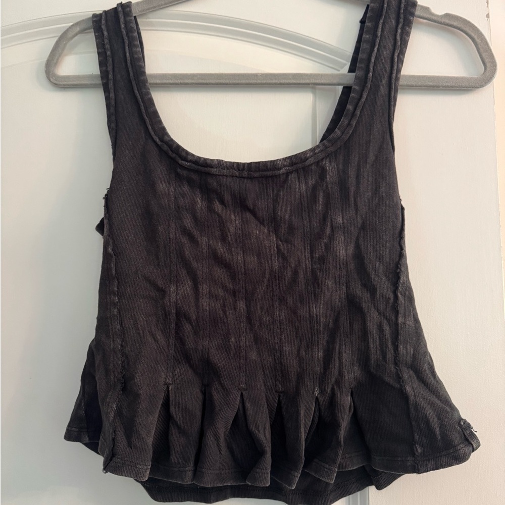 Free People Black Ribbed Crop Peplum Tank Top